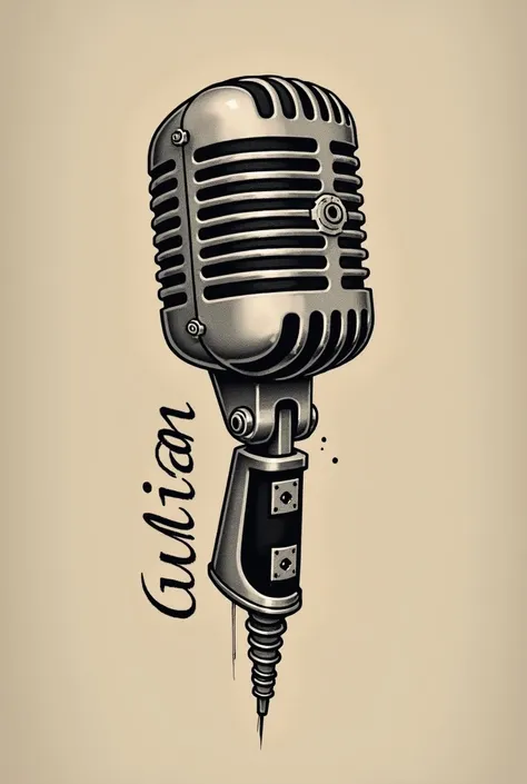 Draw a tattoo with the following content: an old microphone and the tail of the microphone writes the word Julian on the right side.