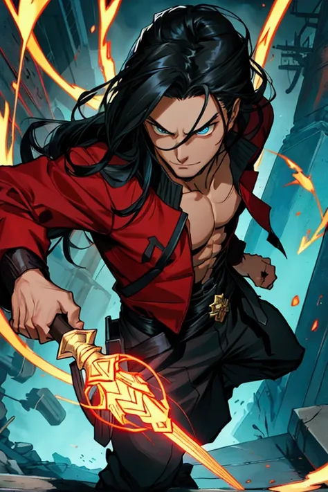 Make me a screenshot, 2D, oc Marvel comics, a man, eyes glowing crimson, black hair, shoulder length hair, cool clothes, jacket tied at the waist, holding a golden staff with a ring on the end, a crimson energy coming out of the tip of the staff and circli...