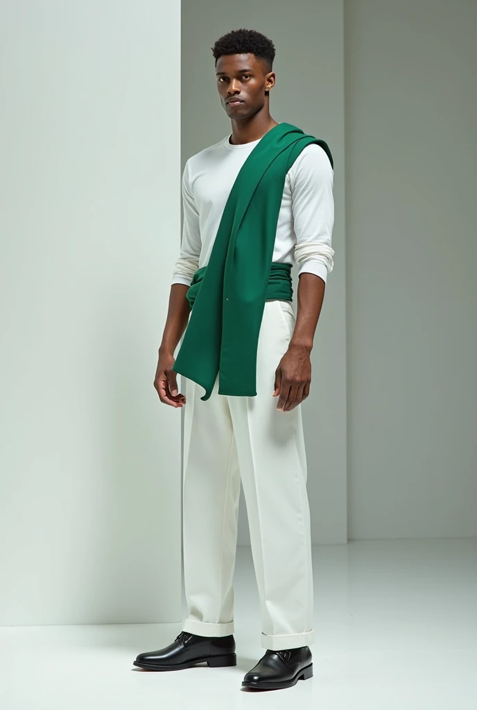  white long sleeve plane T-shirt and a emerald back and front sash with a plane white slacks for men