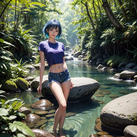 1 girl, Short hair, Look at the audience, smile, Blue Hair, Purple eyes, Side view, Beautiful slender legs dipped in water, Wear a thin t-shirt., shorts, Standing in the stream, The background is a forest., There are rocks.