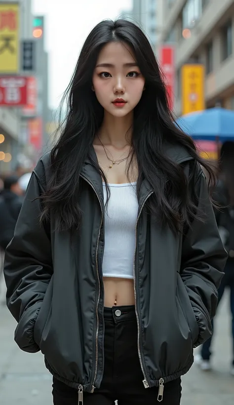 (best quality,4k,8k,highres,masterpiece:1.2),ultra-detailed, Korean Goddess Eopsin as a college student, Kim Go-eun, black hair, rich girl, bulky jacket, on a city street, Arrogant smile on her face, looking at viewer, HDR, 8k, absurdres, cinestill 800, sh...