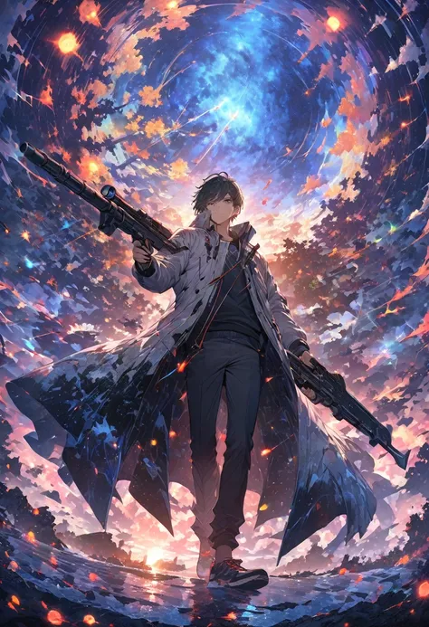 Anime Style, A young adult boy, In a black and silver coat holding a bow gun in his right hand, whole body, beautiful night, intricate background, masterpiece, super detailed, epic composition, ultra HD, high quality, extremely detailed, 8K wallpaper