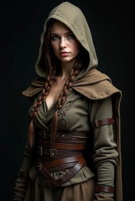 "A young woman with a calm, determined expression is standing in a medieval or fantasy-style outfit. She has long, braided brown hair, and her piercing blue eyes give her an intense and mysterious look. She wears a hooded cloak made from rough, weathered f...