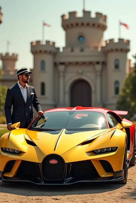 (photorealism:1.2) Bugatti DC , yellow colour gates and red roof of car.back ground a luxury fort, wealthy man standing beside the car , wearing a cap and glasses 