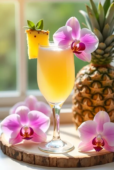 Pineapple smoothie in a beautiful glass decorated with orchids.