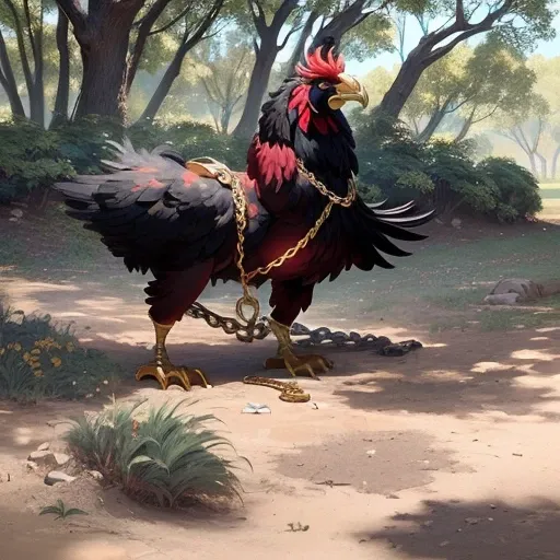 Make the uploaded img of fighting cock with an gold chain into an terrific cartoonic loga with red black contrast 