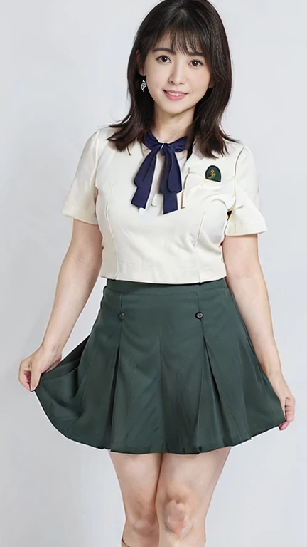 4K、Japanese Mature、(50 years old:1.6)、 (((Plump figure、Emphasizes plump thighs:1.2)))、Earrings、((Nogizaka uniform、Super short mini skirt:1.3))、High heels、 Standing、Plain background、(High heelsから頭まで全身を撮影:1.2)、Shoot the front