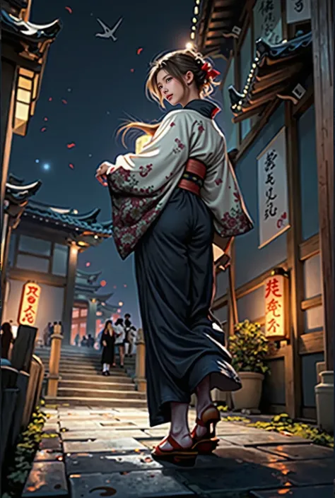 masterpiece, top quality, best quality,Ultra-high resolution,Illustration,1 girl, Brown hair,kimono,the temple,night,In the temple