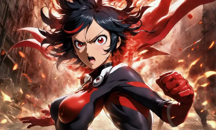 (Ryuko Matoi, age 25. giga lactating breasts, hyper realistic, in her battle form) is defensive and blushing. Tatsumaki (onepunch man character, iconic dress, age 25, legs spread fingering her vagina) is leaning in to suck milk from Ryukos breasts, ship ya...