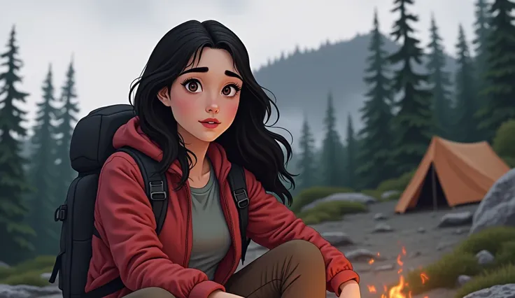 Fika is a young woman with long, wavy  black hair and fair skin. She has well-defined eyebrows, large brown eyes, and a neutral expression on her face. She is wearing a plain red  winter jacket, with grey t-shirt inside, with black large hiking bacpack, an...