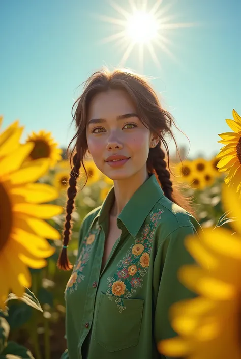 1 girl, 30 years , big breasts, big lips , sunflower field , blue sky , Sun , Jagged Double Tails, very long hair, Brown hair, yellow eyes, happiness, blush on the face, embroidered shirt dress green, Filling an image, Minimalism, in detail, high detail, q...