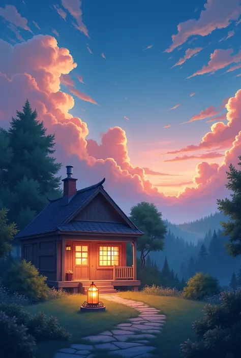 anime painting of a house with a yellow lantern in the front yard, anime background, anime background art, anime sky, background art, anime clouds, beautiful anime scene, anime atmospheric, amazing wallpaper, house background, anime vibes, anime movie back...