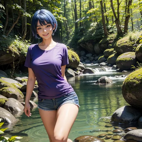 1 girl with short blue hair, looking at viewer, smiling, purple eyes, side angle view, chubby cute legs, wearing thin t-shirt and shorts, standing in a stream, forest background, rocks