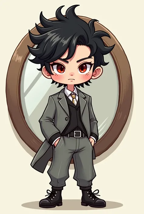 A boy,Wearing a grey suit with a vest, old school pants, black winrocker, fashion belt, fluffy messy hair (black and white), round mirror, slant red eyes, behind wearing an easter jacket,in cartoon 