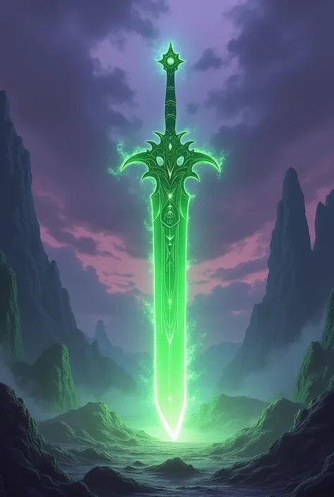 Domain with a purple sky with a green sword in the middle of domain