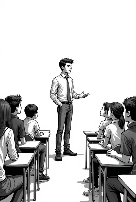 I want you to create a comic style image or vignette without color, There should be a student presenting himself in front of the class and the classmates listen attentively and the student has a confident expression on his face.