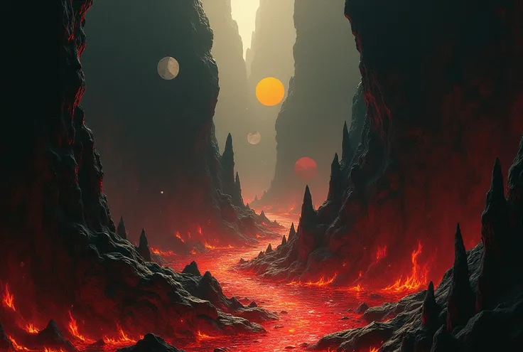 scene surrealista da representacao do inferno, with flames of shadows in the depths of souls in agony, white yellow and red cires, dark environment, Rocky, pointed, descriptions of dante&#39;s inferno, classic, paint, work of art. scene, background anime