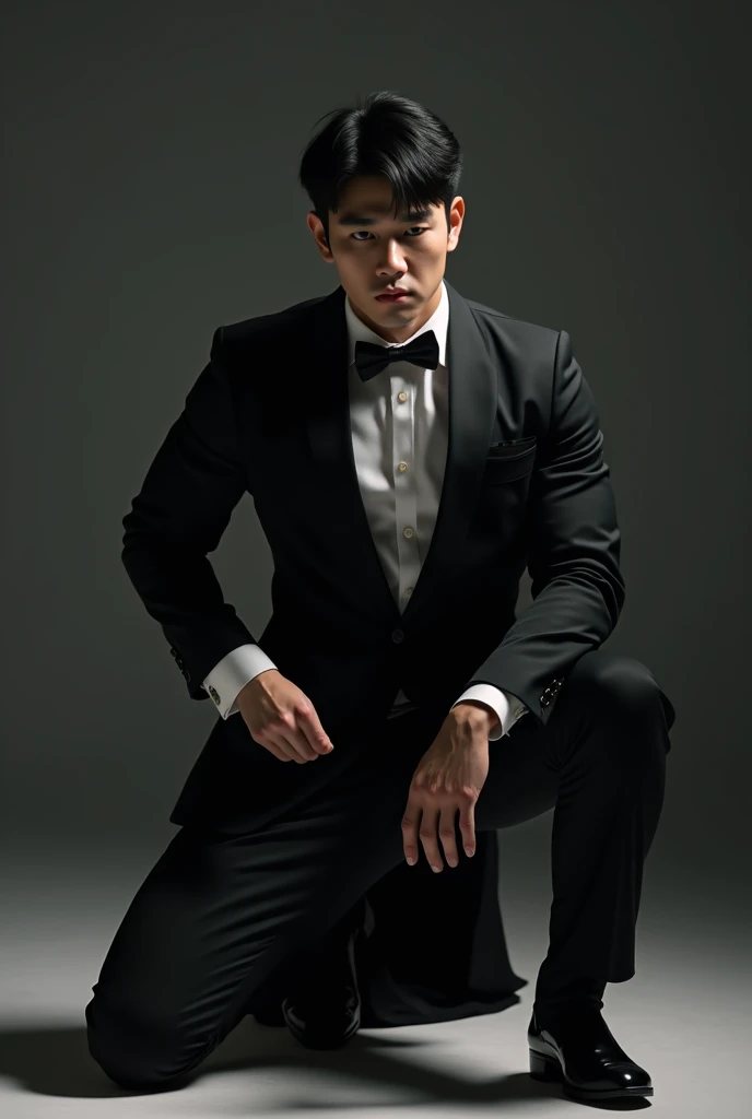 Big bulge man in tught tuxedo korean man  kneeling down