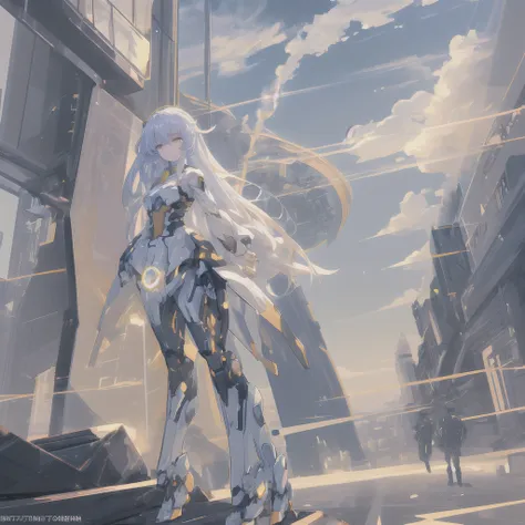 sky, cloud, keep_arms, no_human, [girl shines, , architecture, luminous_eye, mecha, science fiction, [city, reality, mecha, whol...