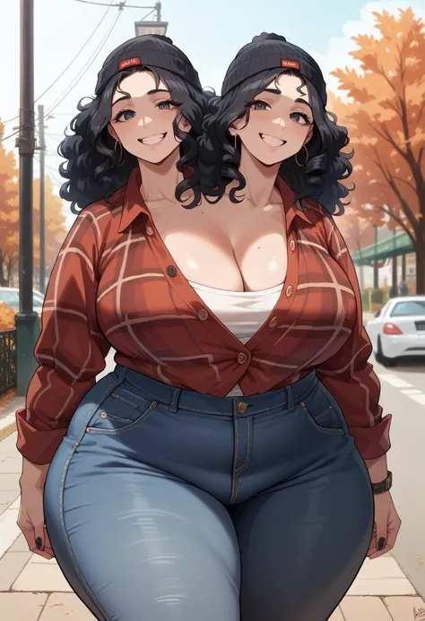 2heads, tall skinny woman with 2 heads. Outside in a college university during autumn. Wearing beanie hat. Wearing unbuttoned plaid flannel shirt, wearing jeans. Frizzy black hair. Seductive teasing expression. Thin, skinny. Enormous thighs, huge butt and ...