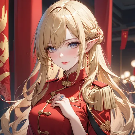 ((Best Quality)), ((masterpiece)), (detailed), （Perfect Face）、The woman is Seras Ashlain, a high elf with medium-long blonde hair, dressed in the uniform of a Chinese Communist Party member, adorned with luxurious jewelry and an engagement ring.