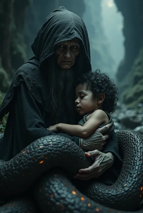 Little Native Boy ,curly black hair , pale white skin ,grey eyes,in the arms of an old witch woman inside a dark and cold cave ,surrounded by elves ,fairy tales and incredible and magical beings  ,Next to them was a huge snake with eyes shining like fire.....