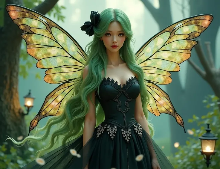 victorian fairy, multicolor crystal wings, soft black dress, skirt made by leaf shapes, european face, long green hair, black head bow