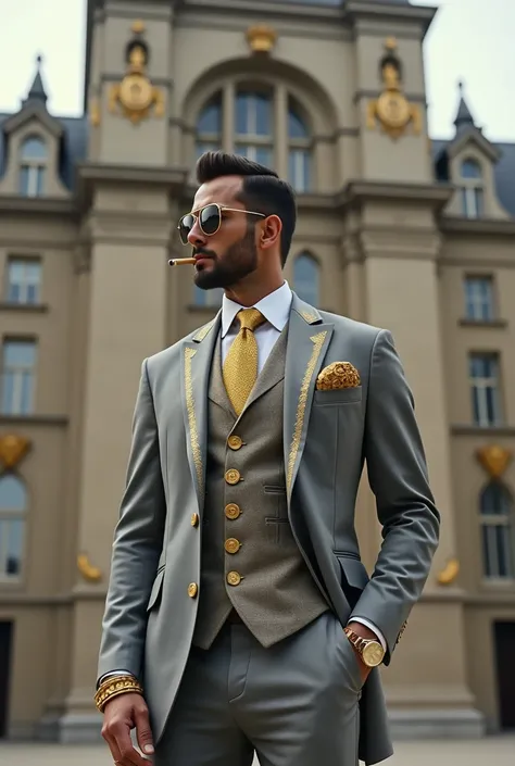 A man standing outside the assembly and smoking in pure grey suit with gold accessories like gold sunglasses, gold watch, gold bracelet, gold buttons gold Tye ,gold belt and extra detailing of gold