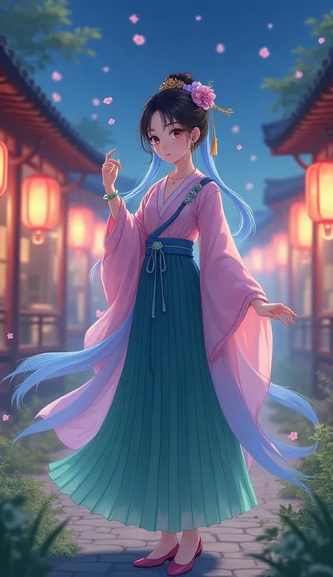 Asian traditional ancient night stalls and shops are lit with lanterns. The cute girl in ancient style is dressed in pink and blue satin.，Scattered flower mist and green grass pleated skirt，Wearing crystal blue thin veil，An empty gold hairpin is inserted d...