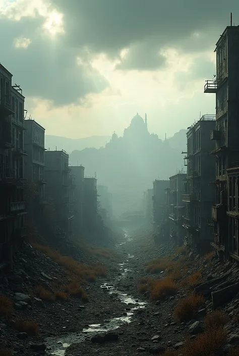 a damaged post-apocalyptic city at large valley,High ground view, View from distant, cloudy dramatic sky, sunlight peeking through clouds, destroyed buildings, abandoned city, post-war desolation, highly detailed, cinematic lighting, muted color palette , ...