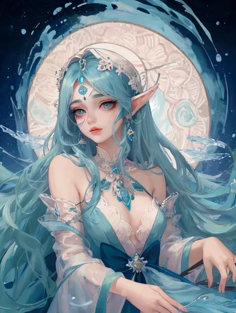 (high quality) (best quality) (a woman) (correct physiognomy) (perfect students) (perfect eyes) young Water nymph, woman, ears of siren of color blue, with blue-green eyes, long blue hair of water, white eyelashes and eyebrows, Big round eyes, reddish fluf...