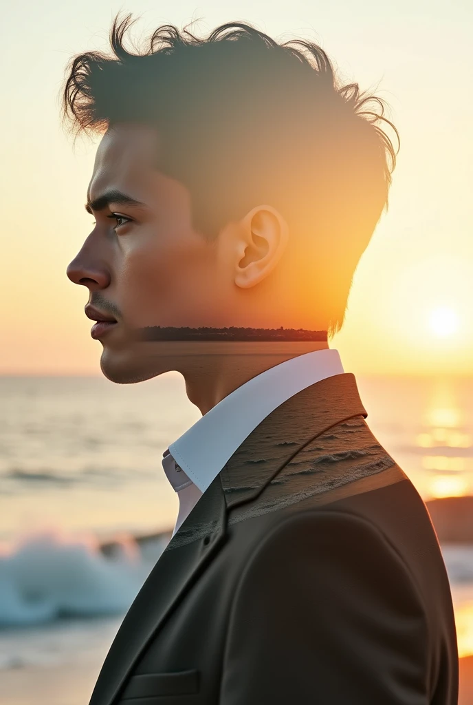 high qualiy, 8k Ultra HD, A beautiful double exposure combining a goddess silhouette with a sunset coastline, the coast at sunset should serve as a backdrop, with its details incorporated, boy in suit with handsome detailed face, background of an office