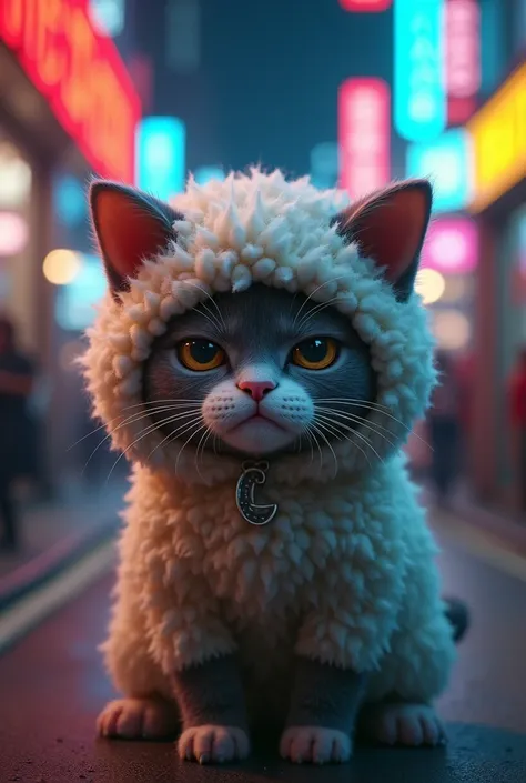 Portrait, cute cat puppy wearing sheep clothes, low light, grumpy, in a city at night neon 8k 