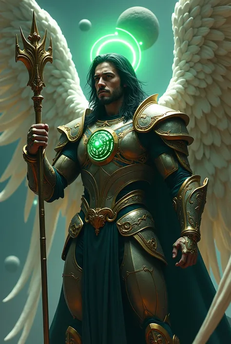 Long black haired male angel with scepter armor and green halo with molecules and planets in the background