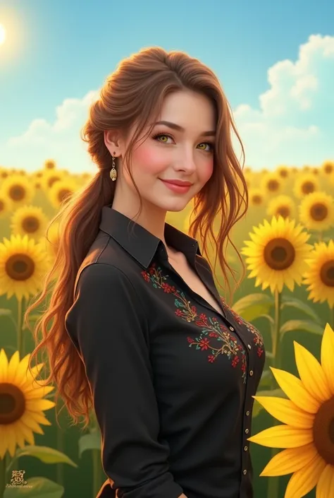 1 girl, 30 years , big breasts, big lips , sunflower field , blue sky , Sun , Jagged Double Tails, very long hair, Brown hair, yellow eyes, happiness, blush on the face, embroidered shirt dress black, Filling an image, Minimalism, in detail, high detail, q...