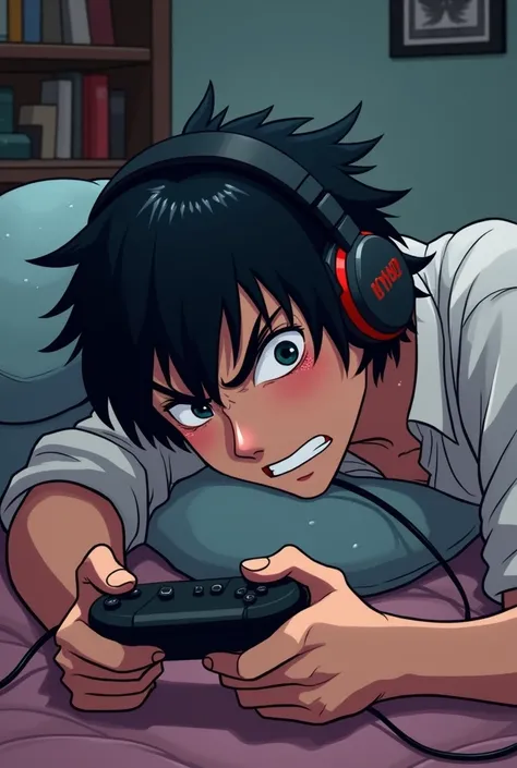 One Man、Thin man、Long Bangs、Chin-length hair that is messed up、thick eyebrows、embarrassed、troubled eyebrows、hair over one eye, blunt bangs、Blushing、sweat、Lying face down on a cushion、Bust Up、Diagonal Composition、Yaoi、nsfw.Black Hair、Headphones、Games Room、H...