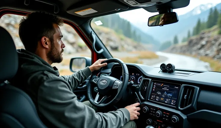 A close, hyper-detailed view inside the Ranger, with the driver confidently steering through the winding roads. The high-tech dashboard and controls are clear, with reflections on the glass and textures of the interior fully visible.