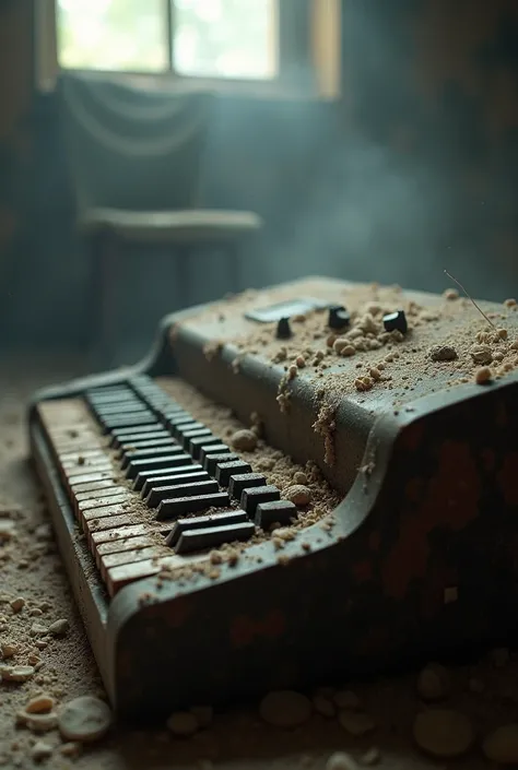 closeup of a old keyboard covered in dust, dusty air, old room, dust floating in air, volumetric sunlight, 8K stunning image, award winning photo, masterpiece, 