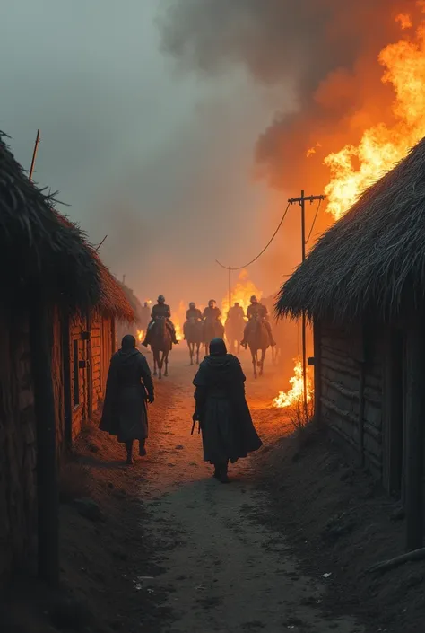 detailed village of poor burning huts, knights on horseback in the background, grayish tones, realistic, (best quality,4k,8k,highres,masterpiece:1.2),ultra-detailed,(realistic,photorealistic,photo-realistic:1.37),HDR,studio lighting,extreme detail descript...