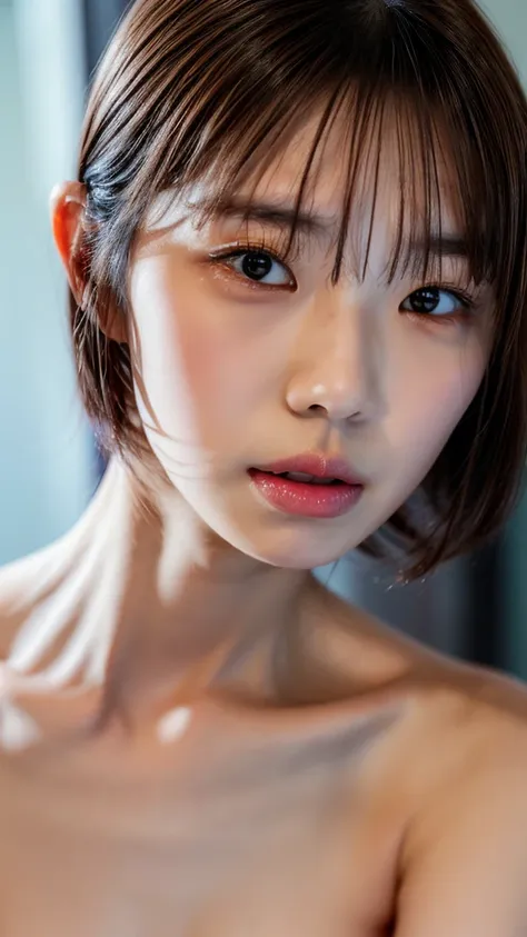 ((petite women, sensual woman, no makeup, 柔らかい笑face)), (((small eyes, long, narrow eyes, black hair, short bob hair))), (full bo...