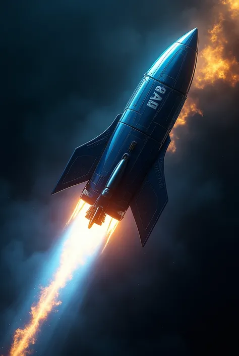 Generate a blue rocket with letters CLINICAL SAS written on it , blue and gold yellow flames coming out of other thrusters and the borders or outline of rocket should glow , background of rocket should be deep  space and dark black and yellow glowing nebul...