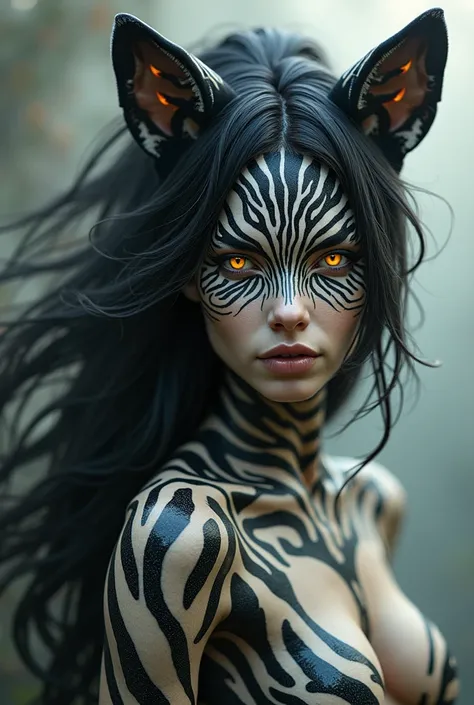 a beautiful woman with black and white striped zebra hair, cheetah print skin, amber eyes.