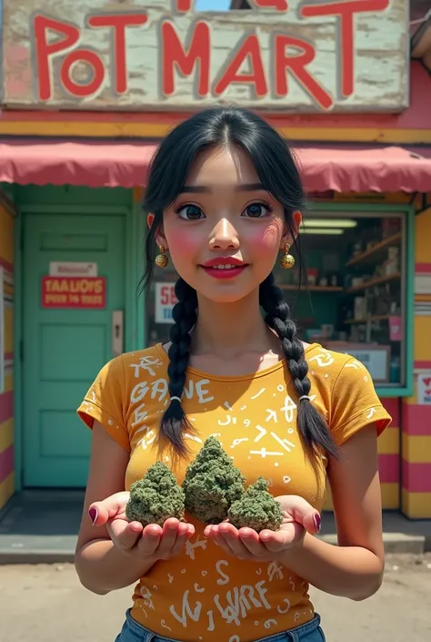 A mini mart named medical pot mart, promoting by human Burmese lady showing dragon breath & ice cream cake strain small weed buds 

 
