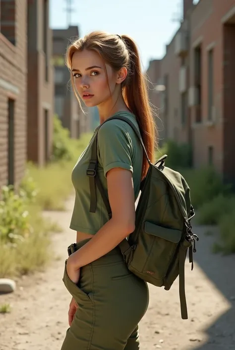 Photorealism. 18-year old girl, Danish. long, straight light brown to reddish hair in a pony tail. light brown eyes, cute face, small breasts, medium ass, medium hips, wearing a dust green short sleeved shirt, a green backpack, tight long army pants, stand...