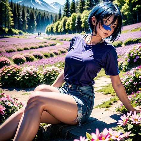 1 girl, Short hair, Blue Hair, Look at the audience, Purple eyes, Side view, Fat legs, Wear a thin t-shirt., Short denim skirt, Field of flowers, dark forest, mountain