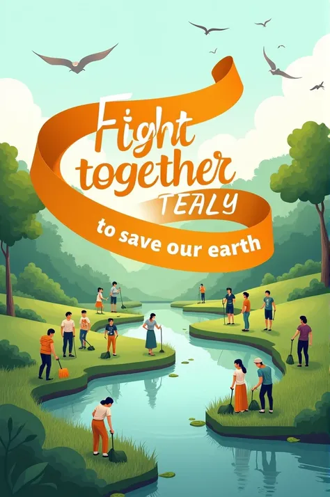 Many People are scattered cleaning grassland area where the river is flowing between the river and few birds flying in the sky and a orange semicircle ribbon saying lets fight together to save our earth and below that a white text saying worlds environment...