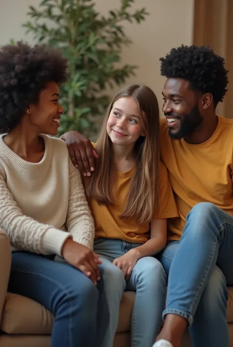 Black people and a white girl sitting on a sofa in front 