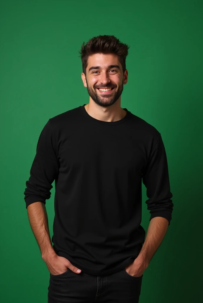 1 man with black shirt and black jeans smiling for photo , in a room with a green background 