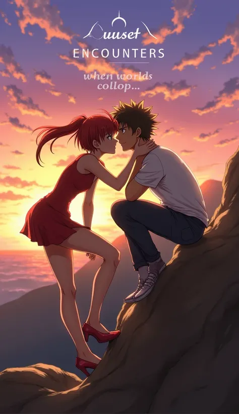 "Asuka Langley Soryu from Neon Genesis Evangelion and Spike Spiegel from Cowboy Bebop playfully lean against each other on a scenic cliffside, gazing into a breathtaking sunset. The sky is painted with vibrant hues of orange, pink, and purple, casting a wa...