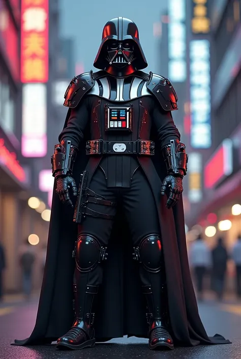 Full length wide angle view, Cyberpunk film still:: Reimagined Darth Vader in advanced sleek Japanese techwear, Acryonym SHADXW brand. Armor. Baggy, tactical, electronics, LED, lights. Gunpla segmentation, elaborate mechanisms and electronics:: Standing in...